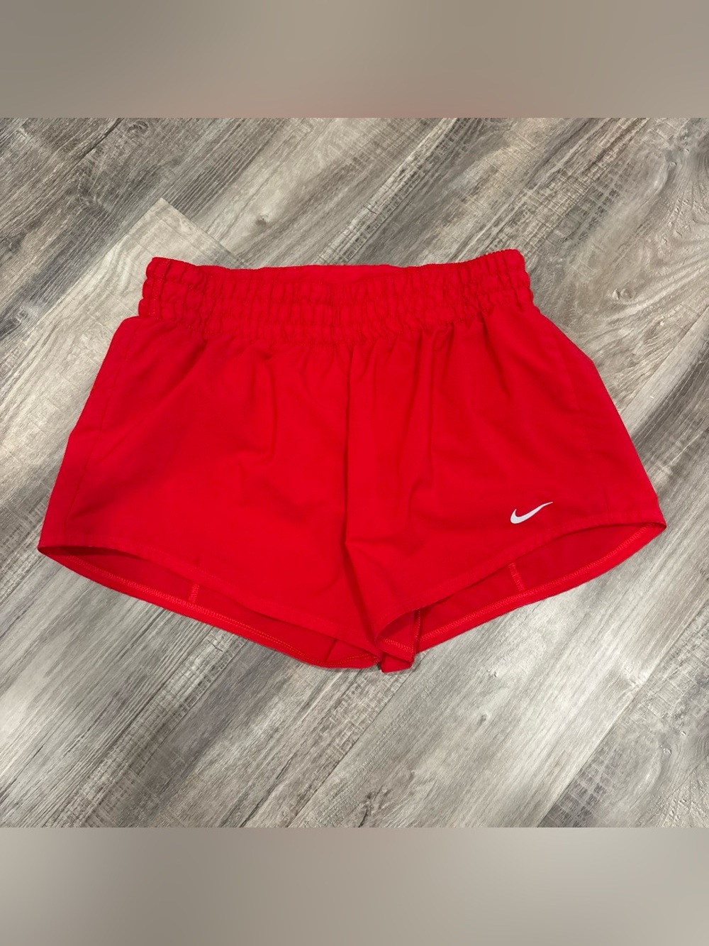 Nike Women's Dry Fit Red Athletic Shorts with White Swoosh